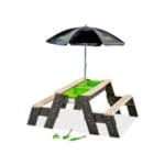 EXIT Aksent zand-, water- en picknicktafel (2 bankjes) met parasol en tuingereedschap