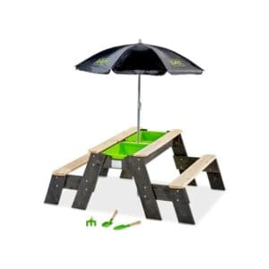 EXIT Aksent zand-, water- en picknicktafel (2 bankjes) met parasol en tuingereedschap