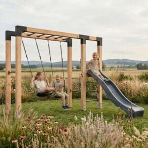EXIT Linea Robust 110 houten monkeybar met dubbele schommel en glijbaan